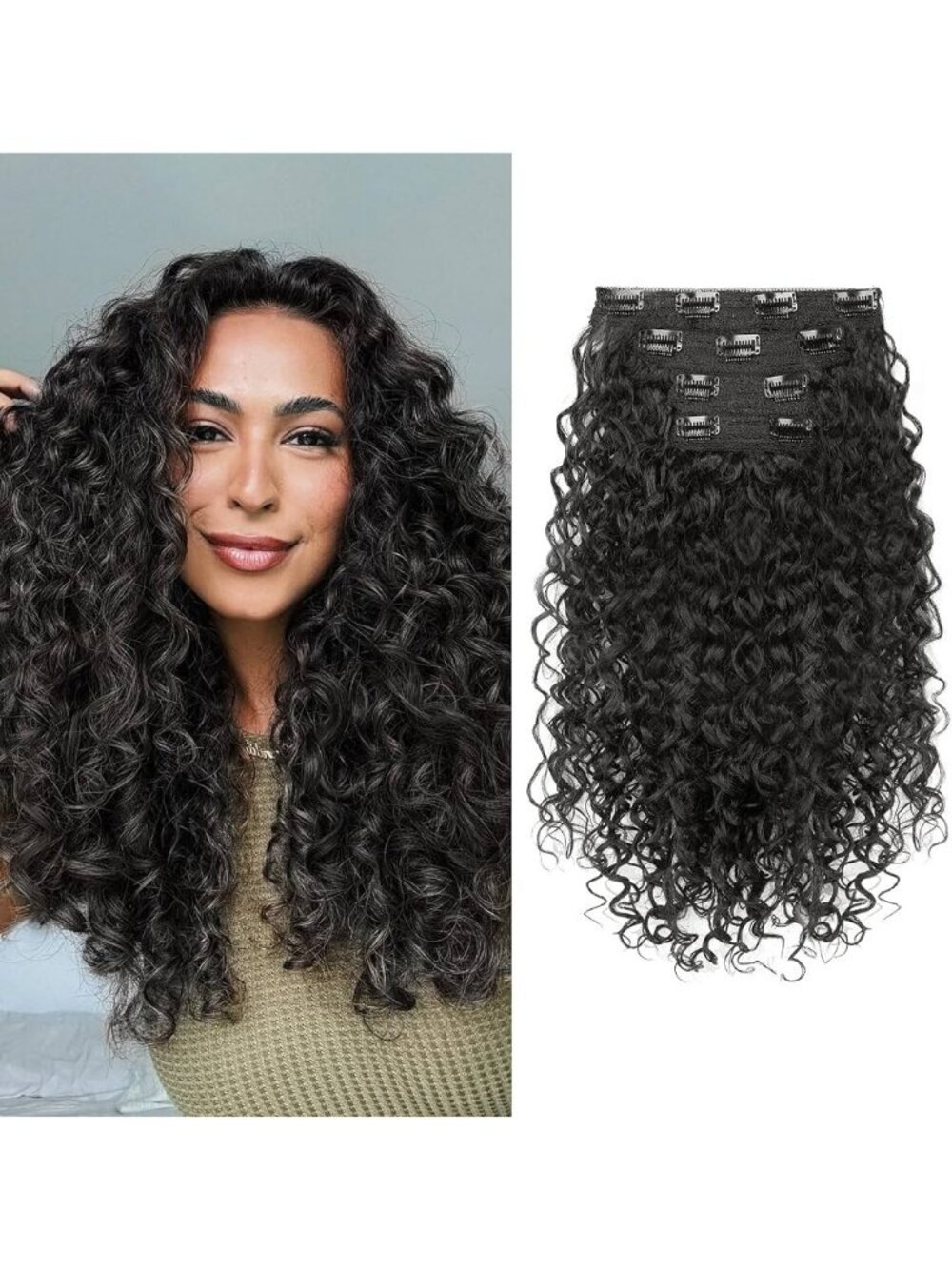 Flufymooz 4-Piece Clip-In Protein Silk Hair Extensions 16-Inch Curly Black Brown